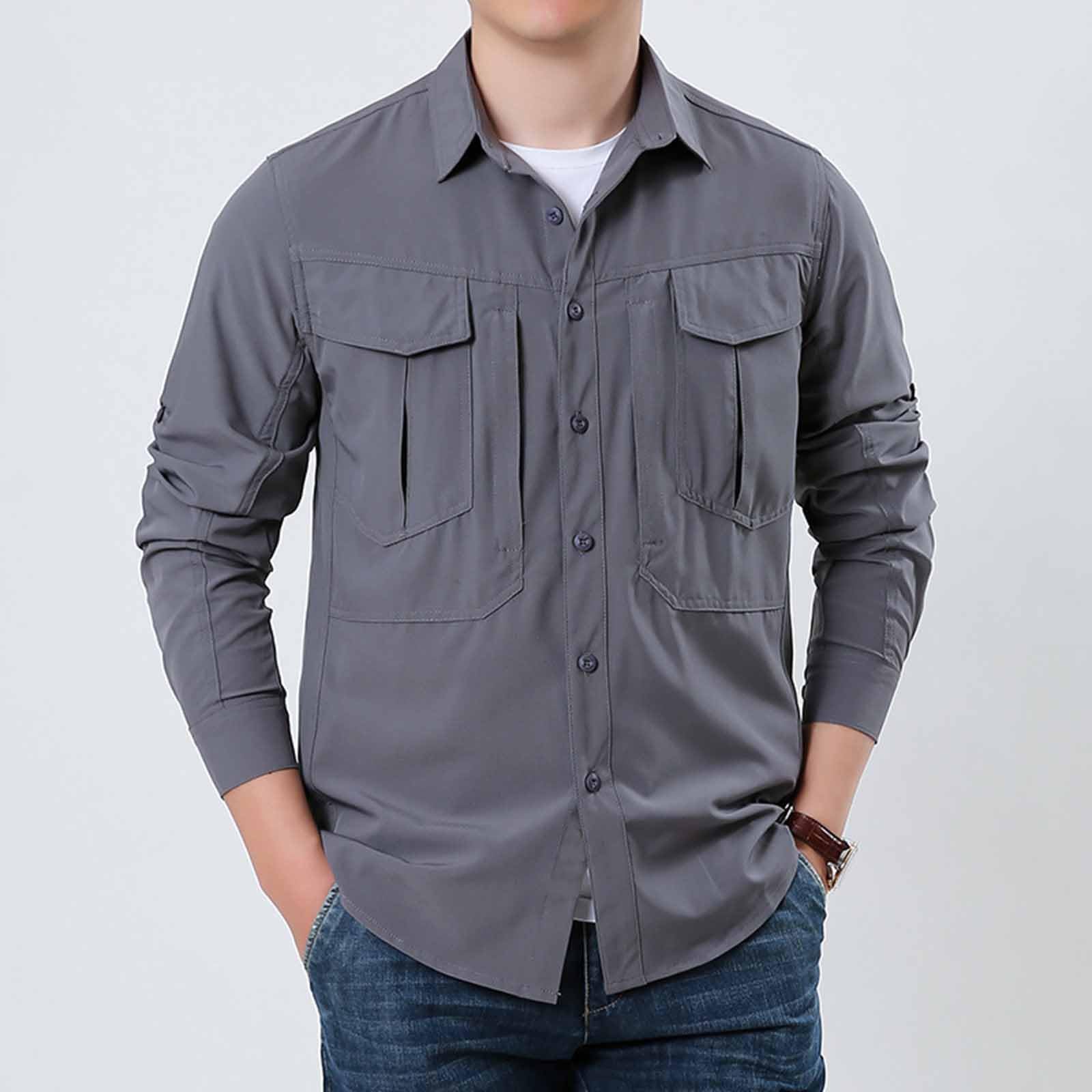 Camisa de Trabajo Hombre Tallas Grandes Cuello Solapa Camisas Táctica de Senderismo Camping Casual Secado Rápido Camiseta Deporte Manga Larga con Bolsillos Cómodo Transpirable Ropa Outdoor