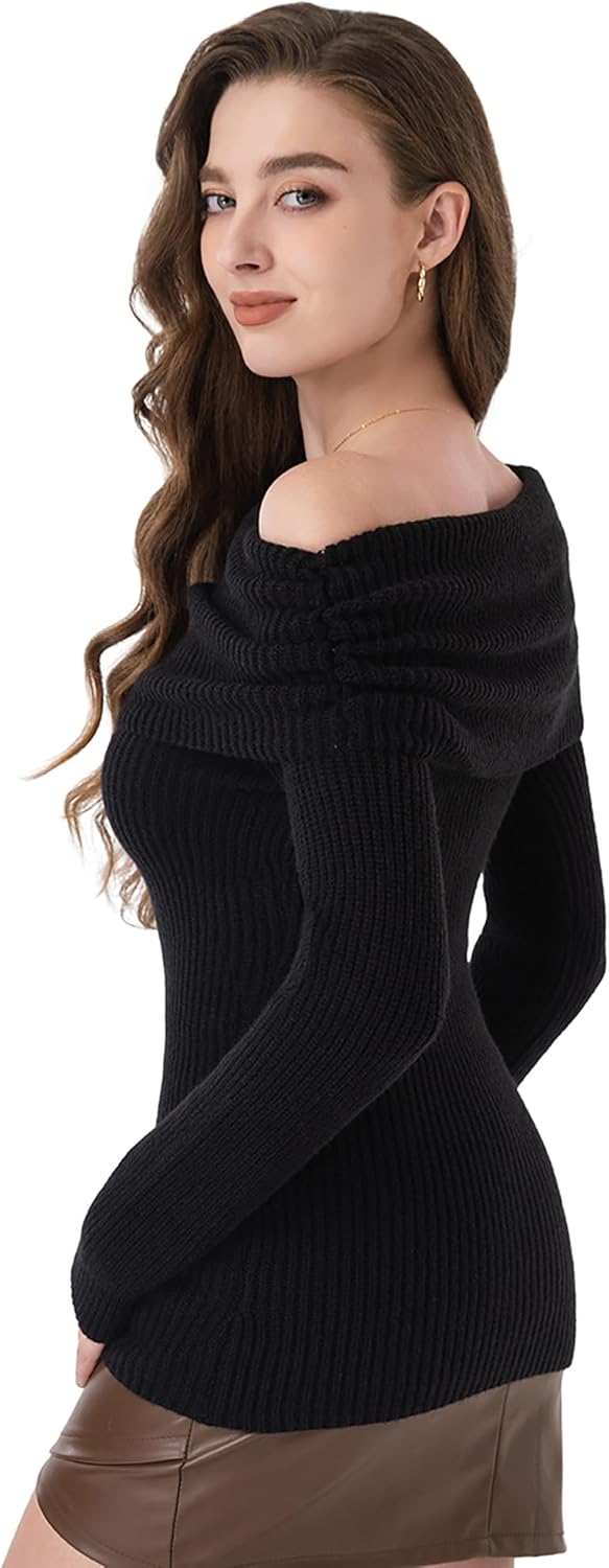 AmélieBoutik Women Off Shoulder Sweater Dressy Casual Slim Fit Long Sleeve Ribbed Knit Going Out Tops Blouse - Image 3