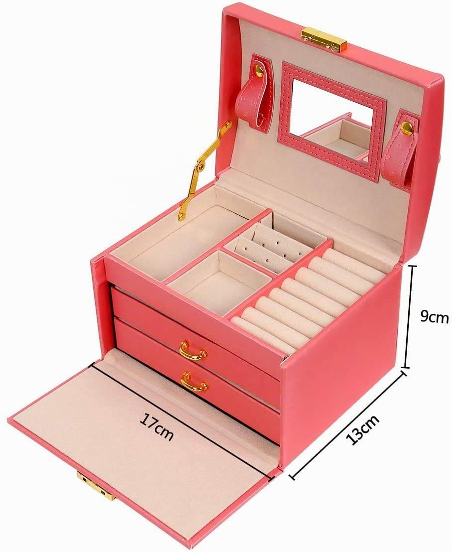 Meerveil Schmuckkasten, Schmuckkästchen mit 3 Ebenen, PU Leder, Abschließbarer Schmuckkästen mit Spiegel, Schmuckkasten mit Schubladen, Geschenk für Mädchen und Damen(Rosa)