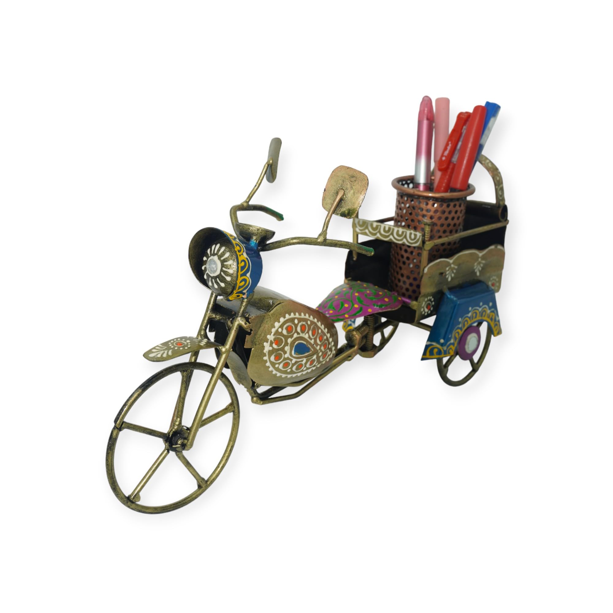 Decorative Iron & Metal Pen Stand For Office Table | Showpiece Handicraft Home Decor Designer Antique Rickshaw Pen Holder With Rajasthani Meenakari Organiser Work For Home | Multicolor