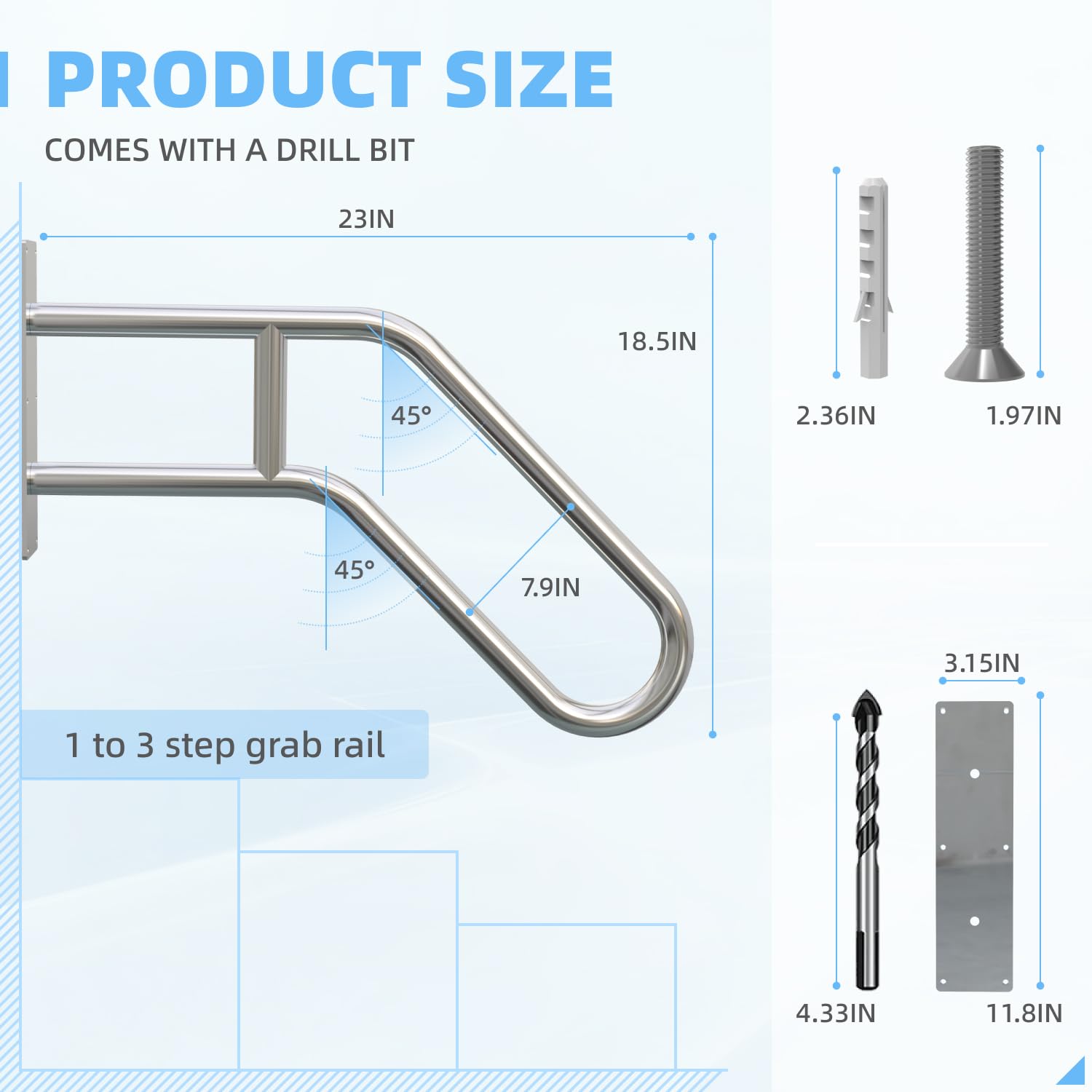 60cm U-förmiger Handlauf Edelstahl, Handlauf Treppe für 1 bis 3 Stufen, Edelstahl Treppengeländer für Garten, Garage, Veranda, Innen und Außen (3,2 cm Rohr)