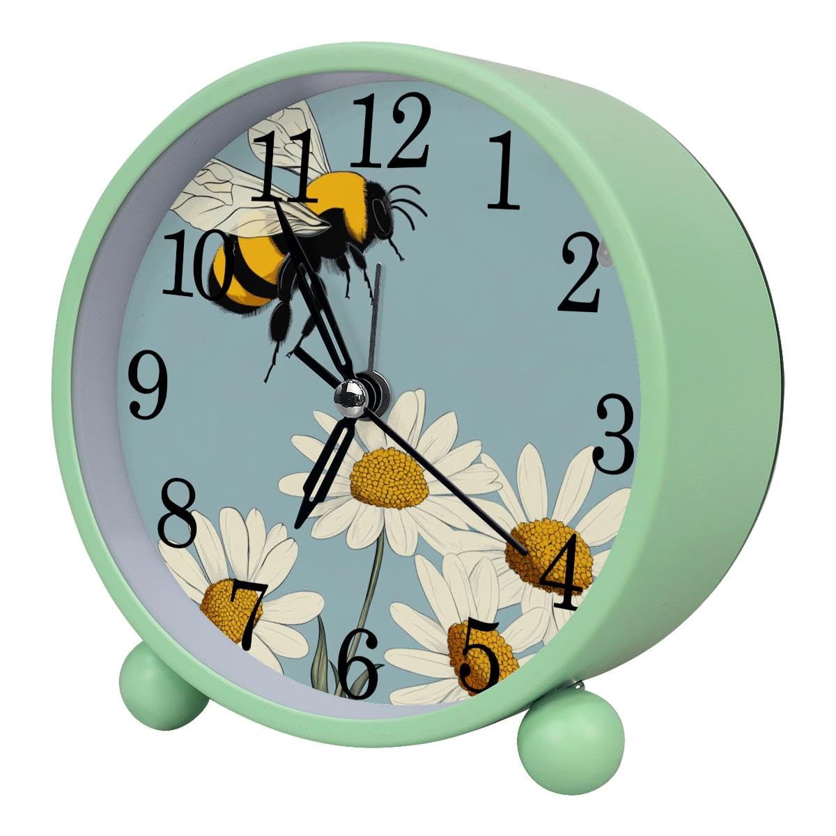 Luoweisi Alarm Clock Daisy Bee, Silent Non-Ticking with Night Light, Round Metal Alarm Clock for Office, Battery Operated, Bedroom, Elderly, Adults, Children, Student Gifts