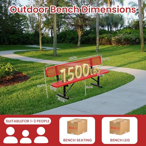 Image of 8FT Park Bench for Outside Heavy Duty Metal Mesh Bench with Back Portable Frame, Commercial Steel Bench Outdoor Garden Benches for Lawn, Park, Deck, Garden, Patio, Porch (Red, 8FT)