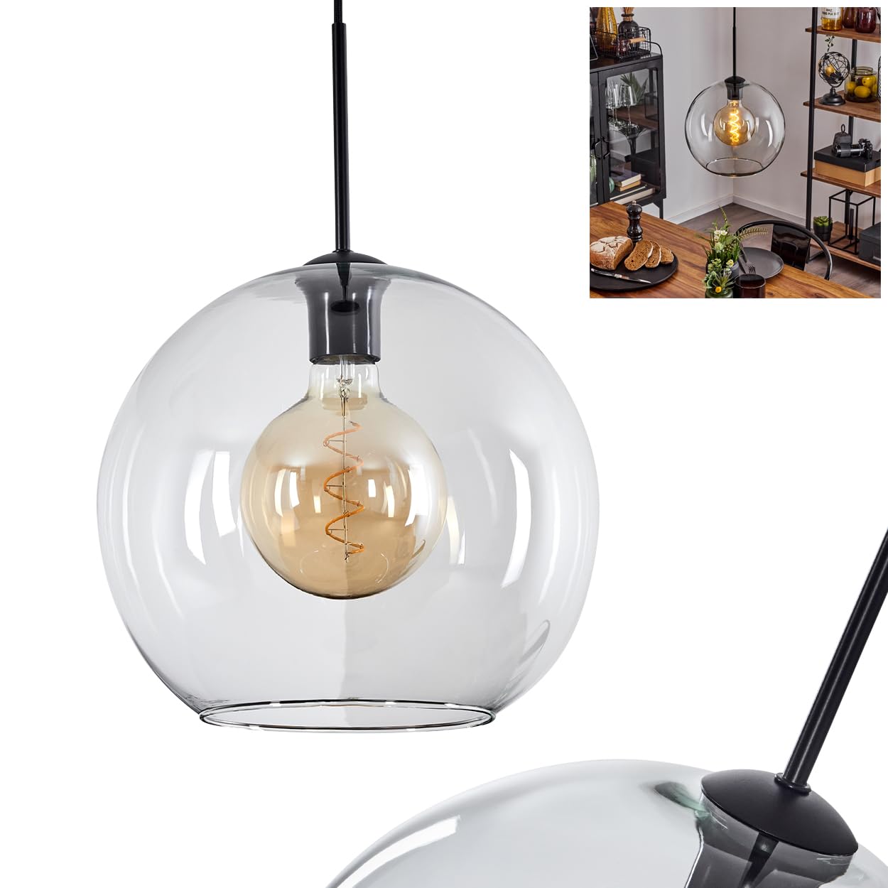 Koyoto hanglamp, metaal/glas hanglamp in zwart/chroomkleur, 1-lamps