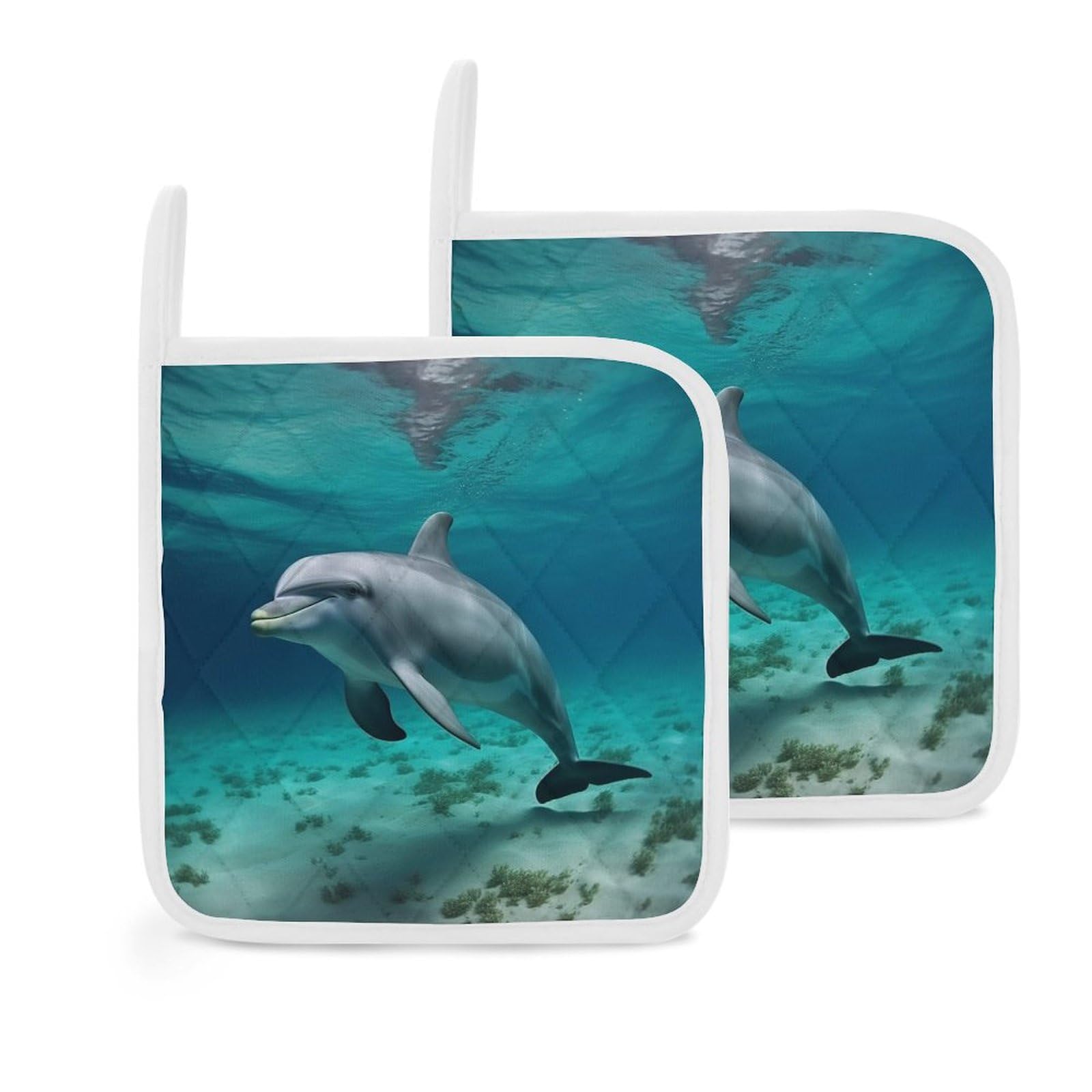 Pot Holders Set of 2 Kitchen Heat Resistant Potholders Dolphins Underwater Cotton Lining Oven Hot Pads for Cooking Baking BBQ Microwave Kitchen Accessories