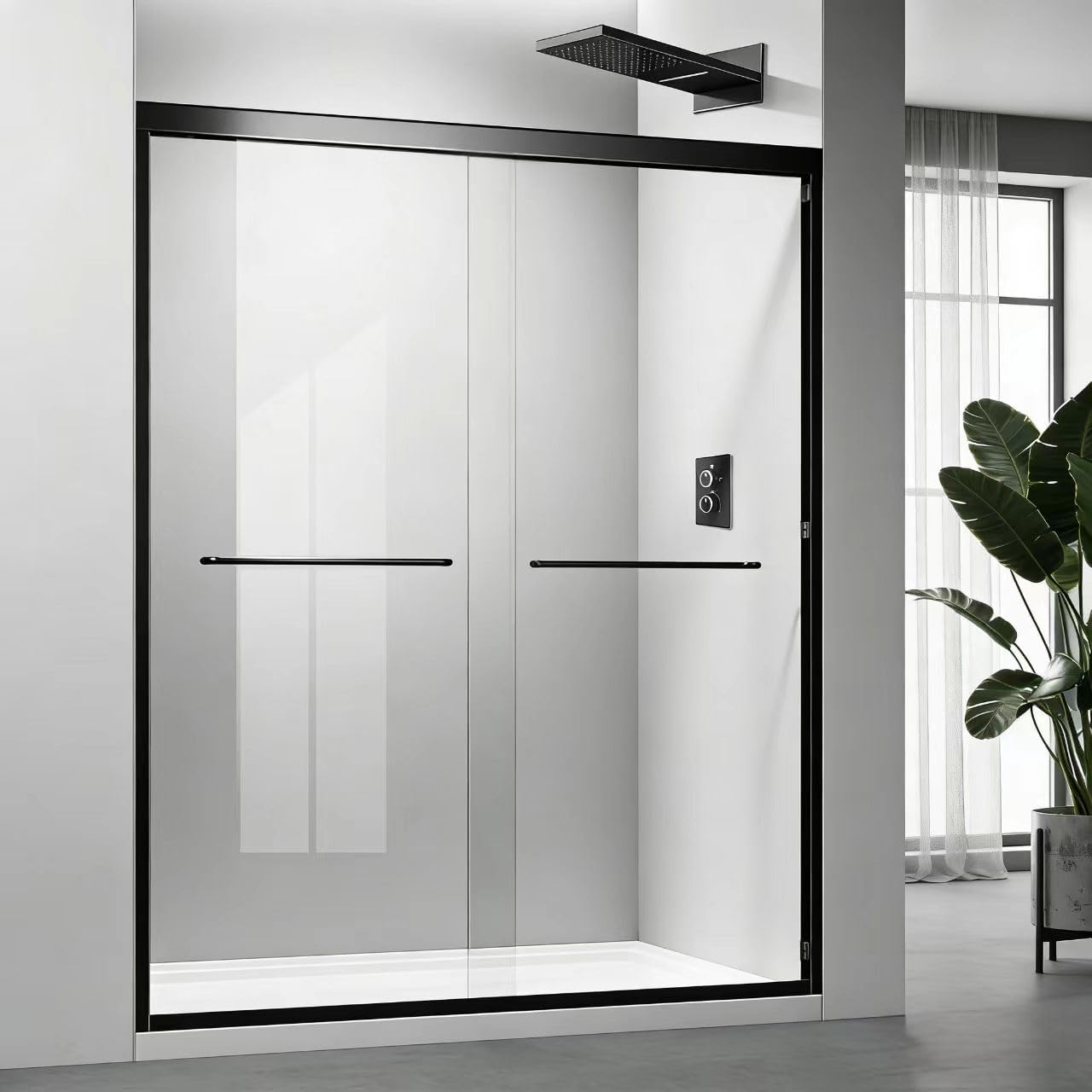 Double Sliding Shower Door 56-60" W x 72" H,Semi-Frameless Bypass Shower Glass Door with 1/4" (6mm) Tempered Glass,Adjustable Framed Door with Smooth Sliding and Double Handles,Matte Black