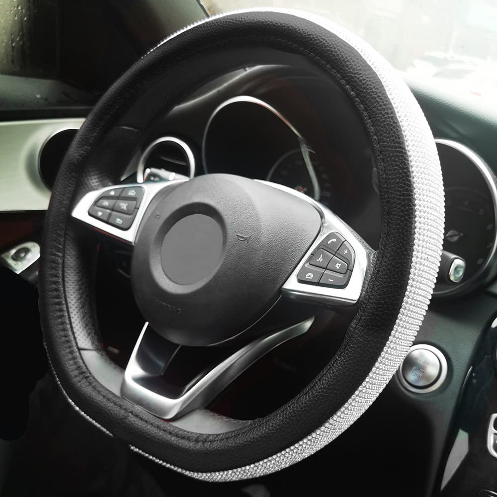 SanQingD Shape Steering Wheel Cover with Shining Crystal Rhinestones,Flat Bottom Shaped Steering Wheel Cover Steering Accessories for Women Girls (Black)