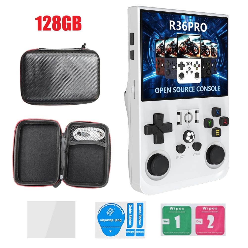 Suoumwa Consola de Juegos Retro Portátil R36PRO de 128 GB y Pantalla HD de 3,5 Pulgadas, Reproductor de Vídeo Portátil de Bolsillo Compatible con para Más de 30 Emuladores A