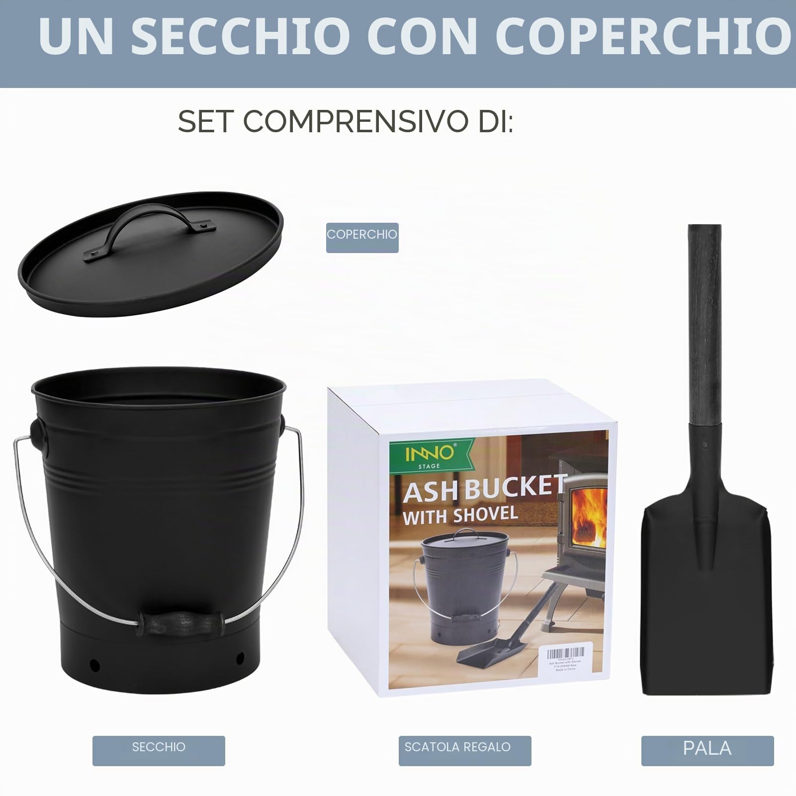 INNO STAGE Secchio per cenere con coperchio e manico in legno Pala per carbone, secchio porta cenere per caminetto, braciere, stufa a legna nera