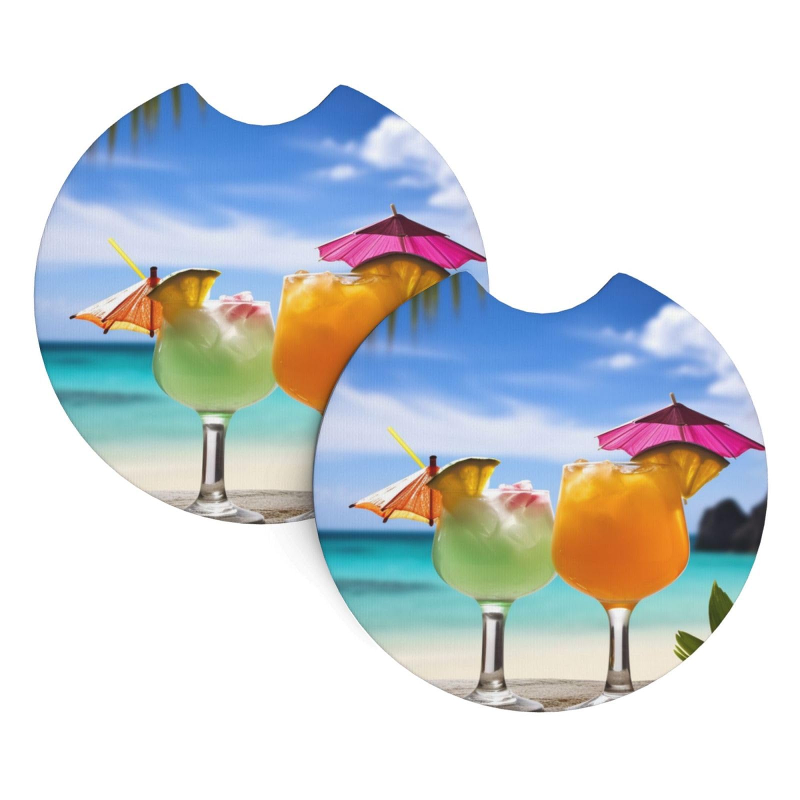 2PCS Car Coaster for Cup Holders Universal Auto Cup Mat Tropical Beach Drink Cup Coaster Pad 2.7" Waterproof Neoprene Non-Slip Cup Holder Coasters Car Interior Accessories for Women Men