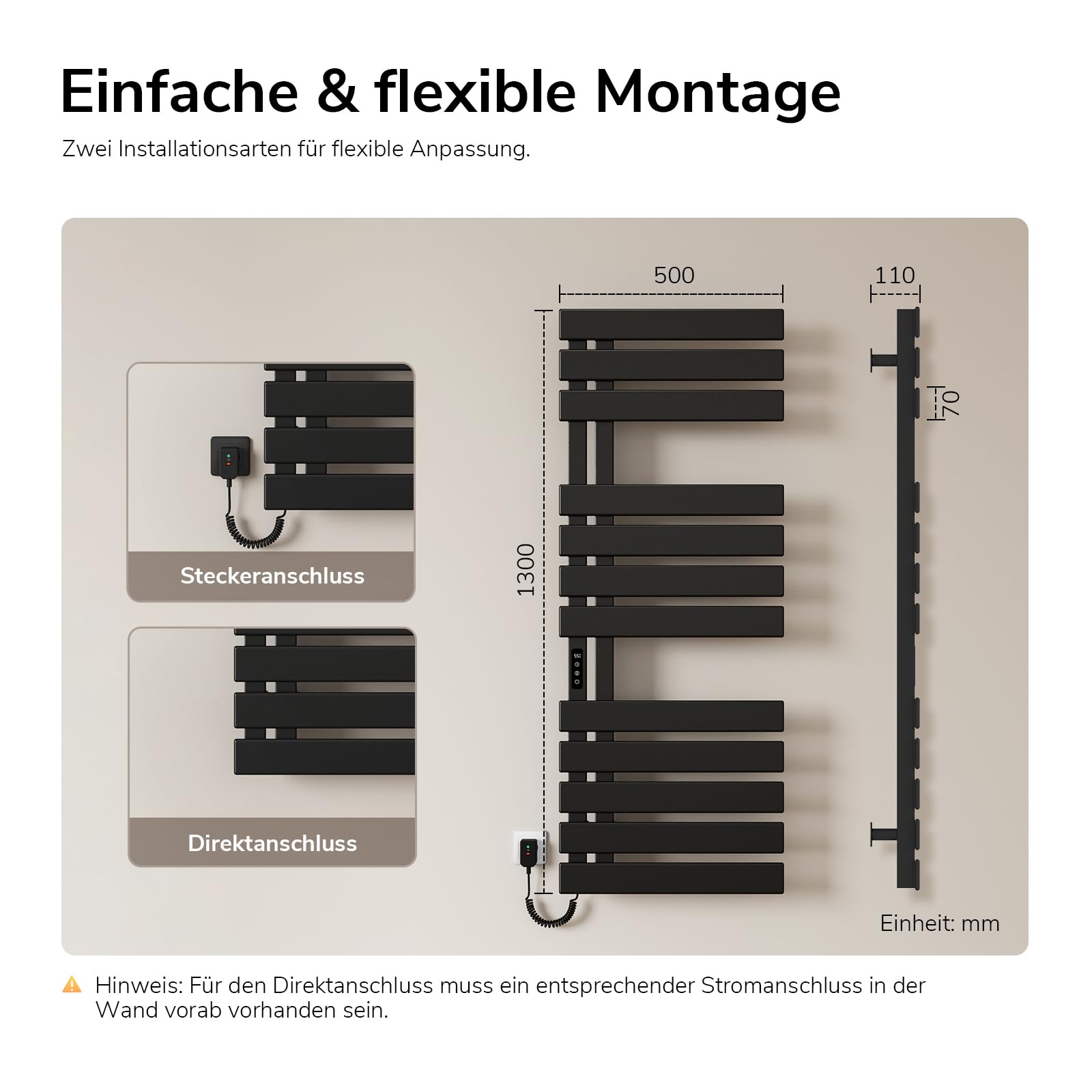EMKE Elektrischer Handtuchheizkörper 1300x500 mm, Intelligenter Handtuchwärmer mit WiFi-App-Steuerung, Timer & Thermostat, Badheizkörper zur Wandmontage, 440 Watt, IP45, Schwarz