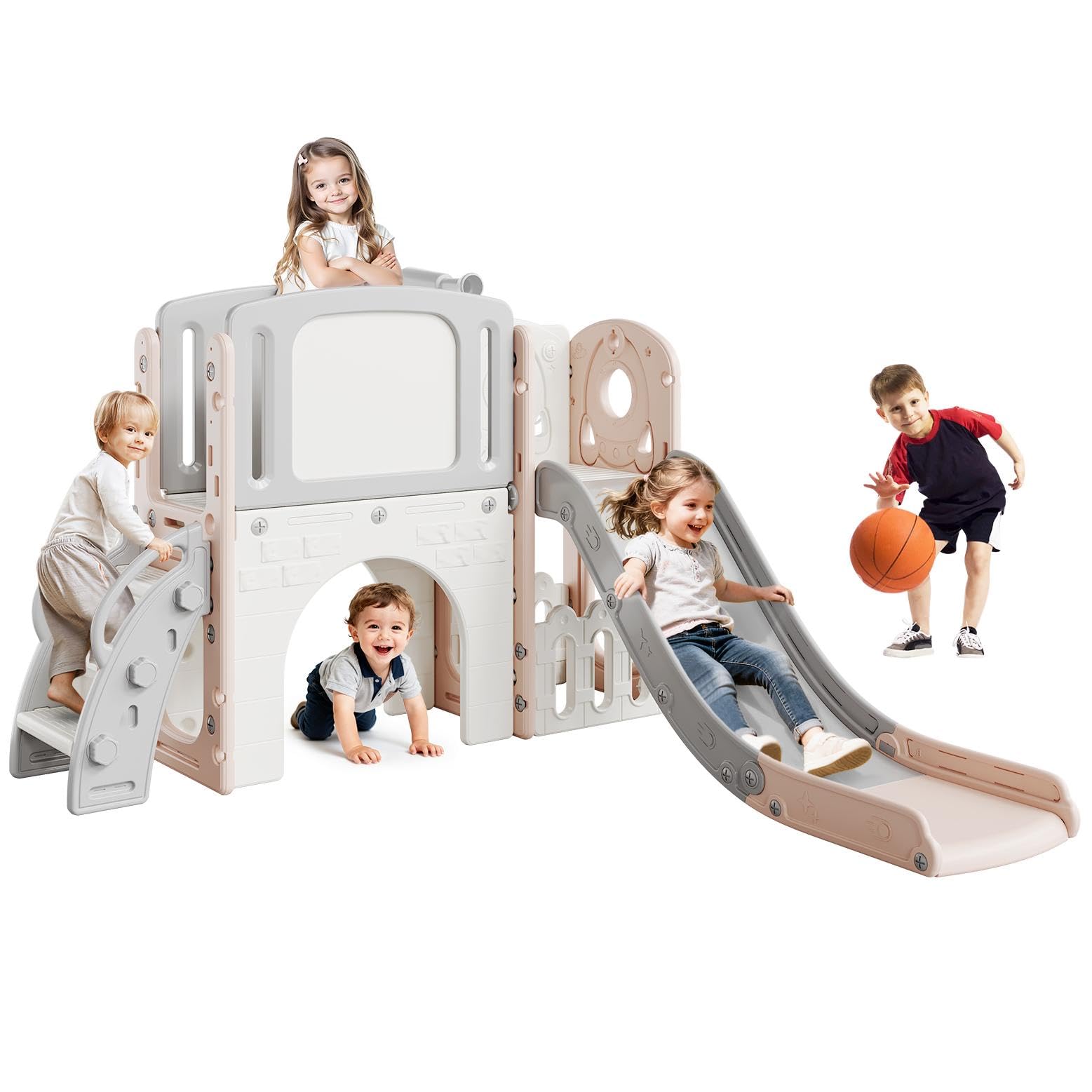 Aptliton Men's Pink 8-In-1 Toddler Slide Set With Climbing Ladder, Tunnel, Telescope And Basketball Hoop, Multi-Functional Indoor Outdoor Playground Climber, Children's Playground Toy For Kids,