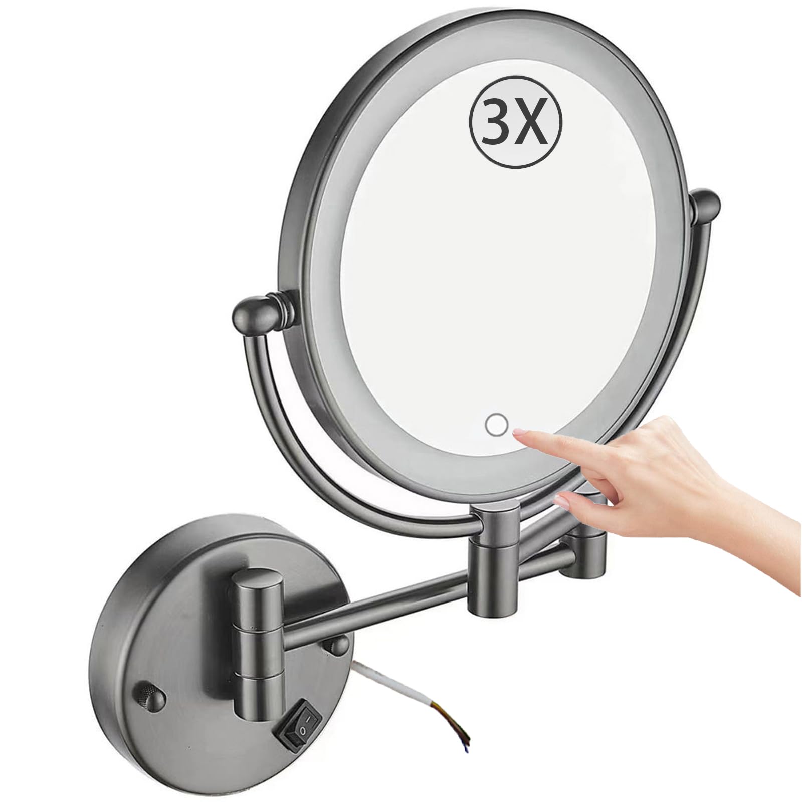 SXFSDOU 8" Wall Mounted Lighted Makeup Mirror, Stepless Dimming Hardwired Magnifying Vanity Extendable 360° Swivel LED Bathroom Mirror,Gray,3X