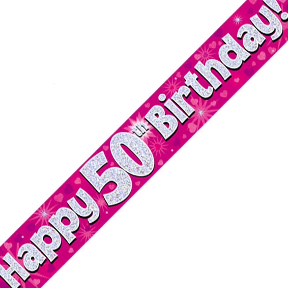 OakTree 9ft Banner Happy 50th Birthday Pink Holographic