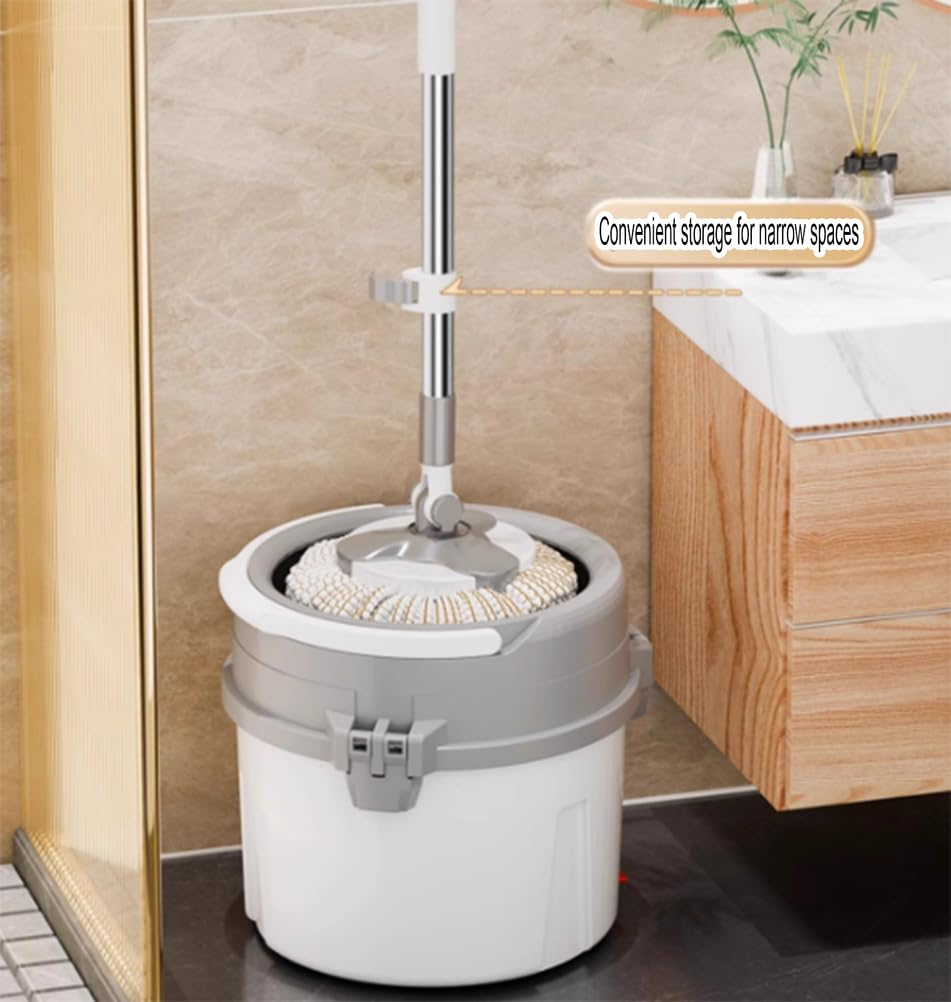 Sistema de Cubo y fregona Giratorio de 360° - Secado rápido, 2 Almohadillas de Microfibra, Mango Ajustable - Fregona y Cubo para Suelos domésticos y comerciales, marrón, B