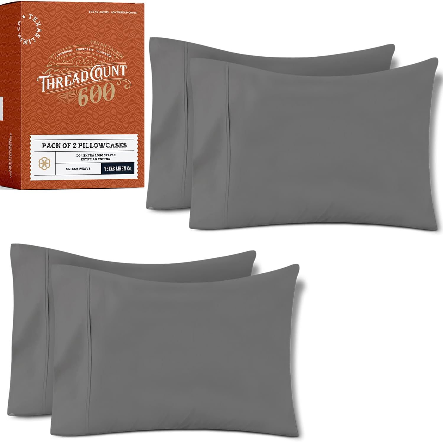 TEXAS LINEN CO. 100% Egyptian Cotton Queen Size Pillow Cases Set of 4 - Luxury 600 Thread Count Queen/Standard Pillowcases (2 Pair, Dark Grey), Soft, Cooling & Breathable, Sateen Weave Pillow Covers