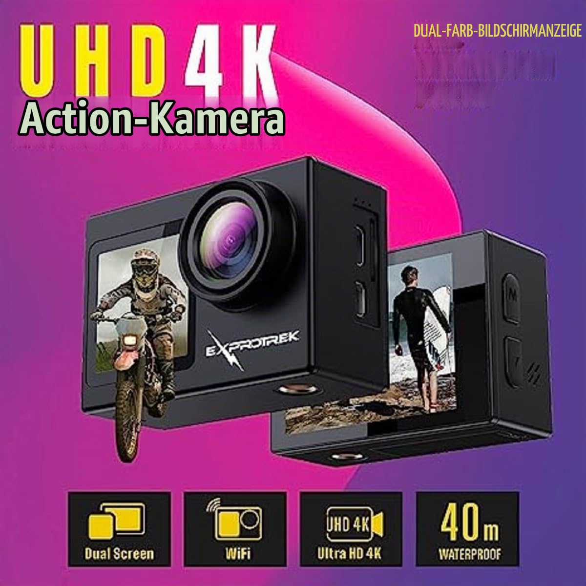 Exprotrek Action Cam 4K Unterwasserkamera Wasserdicht 40M Ultra HD 20MP Kamera 170 ° Ultra-Weitwinkel WiFi Camcorder EIS Stabilisierung mit Dual 1350 mAh Akku – Bild 2