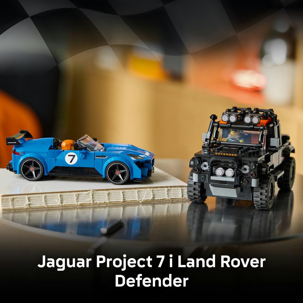 LEGO Speed Champions Jaguar Project 7 i Land Rover Defender 77264 | Model samochodu, zestaw klocków, prezent dla fana motoryzacji 10+, z minifigurką, 740 elementów