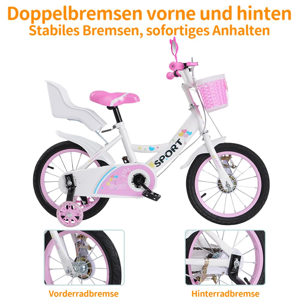 Vélo Fille 12/14/16 Pouces - Rose Princesse - Pour 2 à 8 Ans - Avec Roues Stabilisatrices Amovibles, Panier Et Rétroviseur