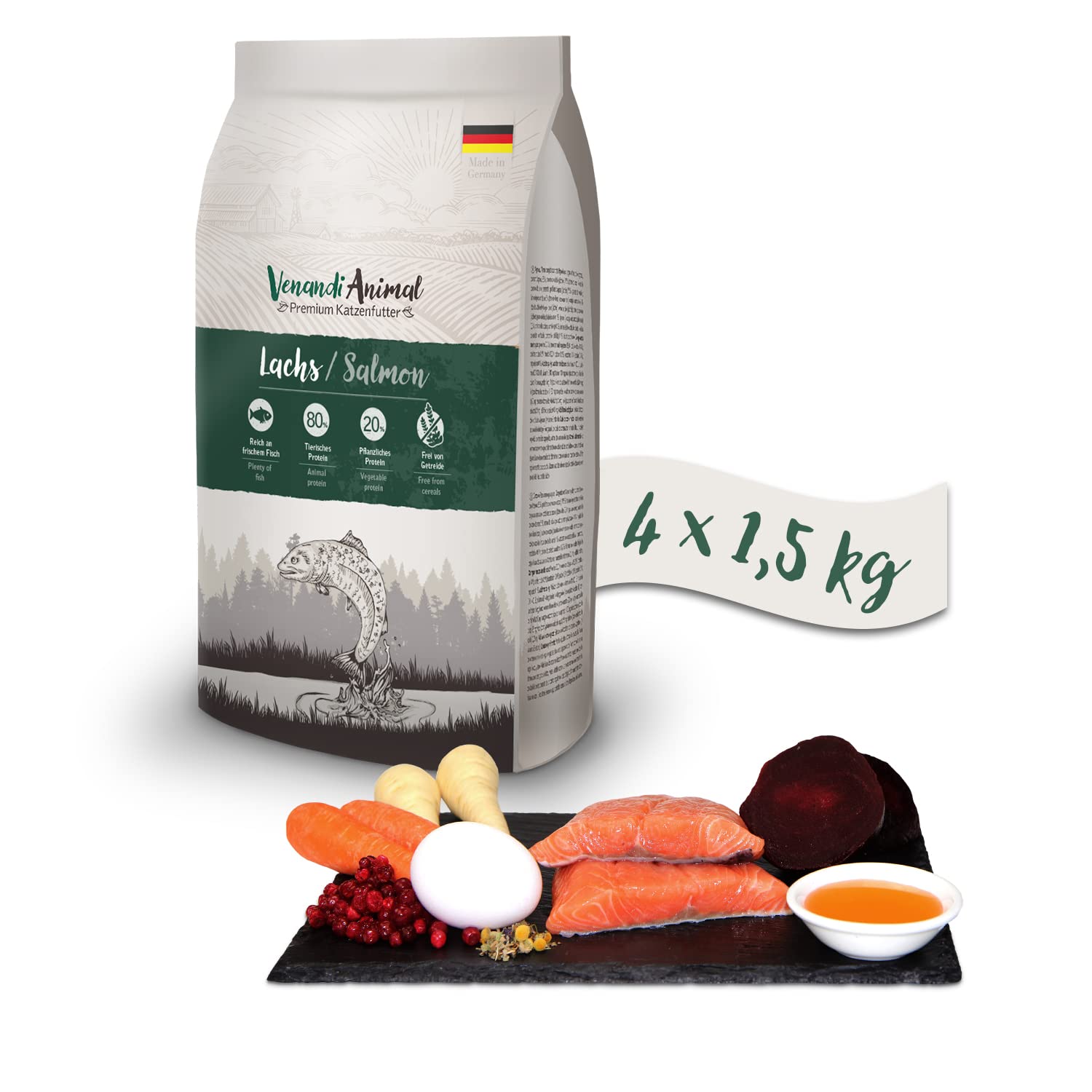Venandi Animal Premium Trockenfutter für Katzen, Lachs 4 x 1.5 kg, getreidefrei mit viel frischem Lachs, 6 kg