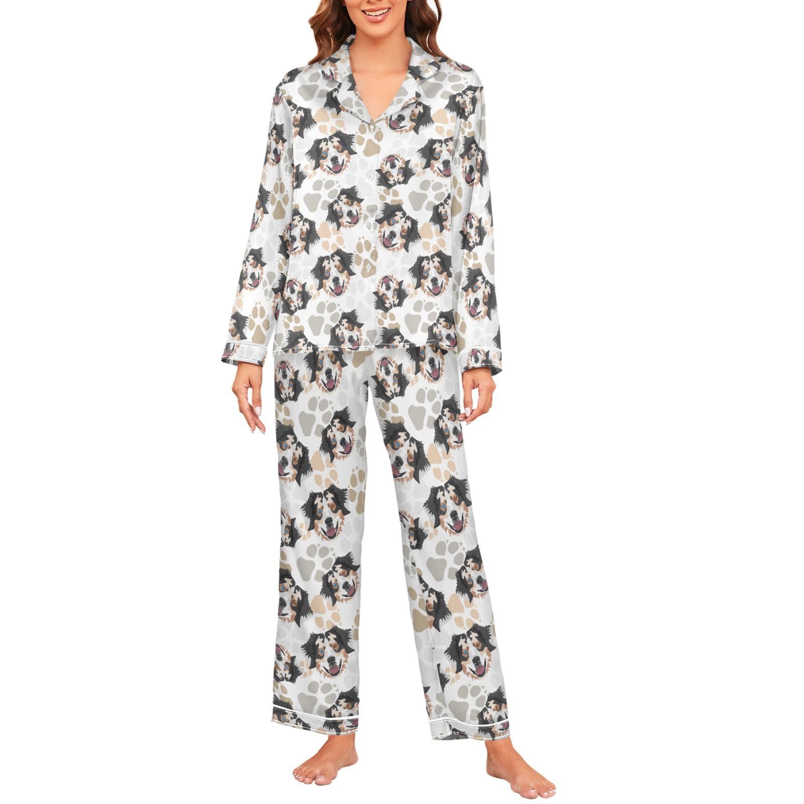 Laprad Women's Silk Satin Pajamas Set Loungewear Two-Piece Sleepwear Button-Down Australian Shepherd Dog Pj Set