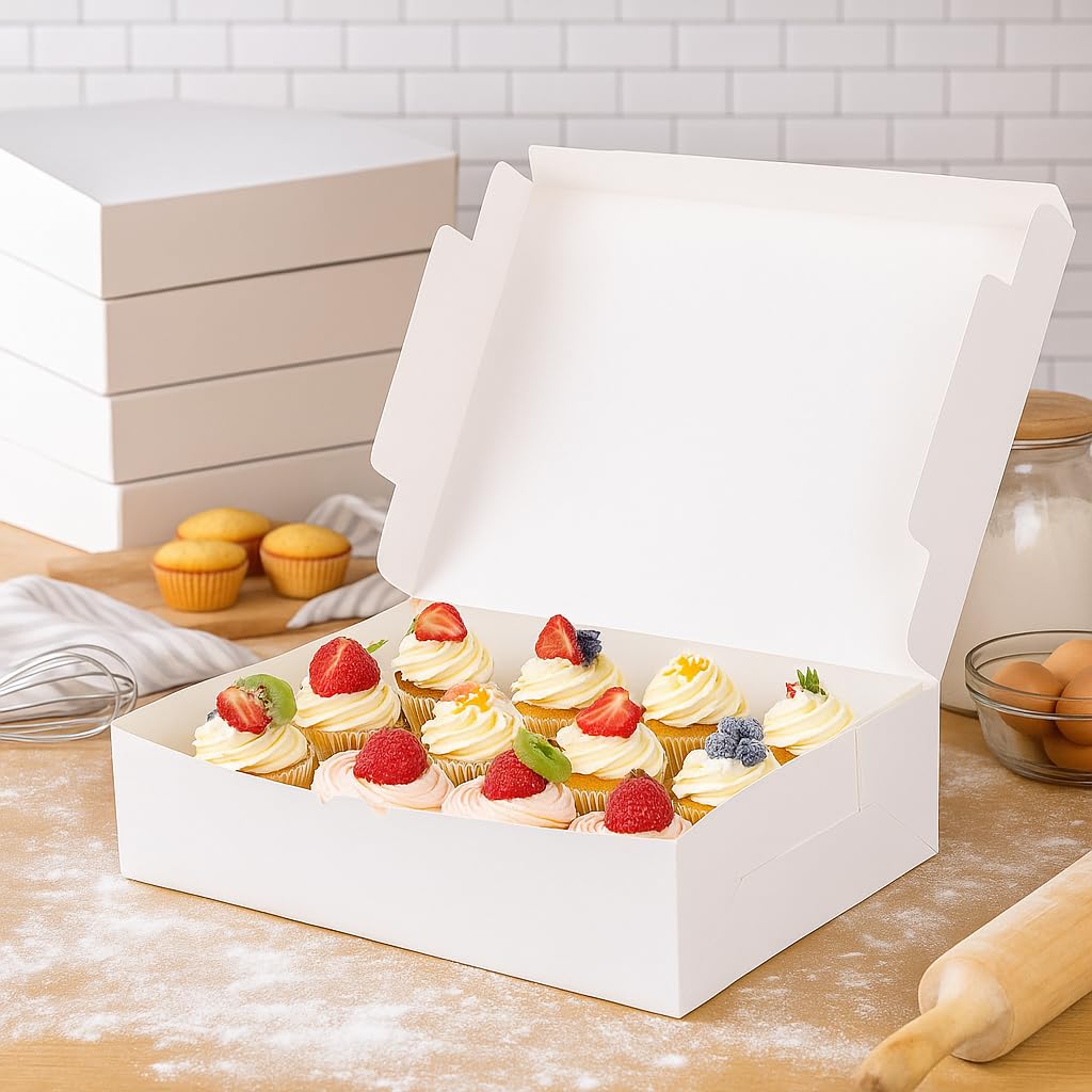 Okllen Confezione da 20 scatole da forno bianche, 35,5 x 25,4 x 8,9 cm, usa e getta, in cartone kraft, per biscotti, cupcake, muffin, ciambelle, macaron, torte