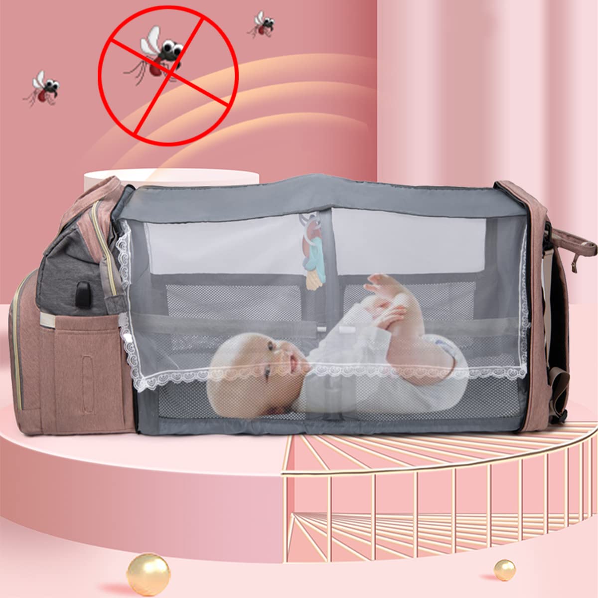 Sac à Langer Bébé Grand Sac à Dos avec Matelas, Moustiquaire et Port USB