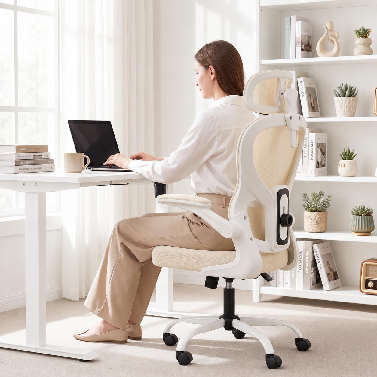 Ergonomic Office Chair with Adjustable Headrest & Lumbar Support, High Back Mesh Desk Chair, 400 LBS Capacity Swivel Computer Chair with Flip-Up Arms, Home Office Gaming Chair (Beige)