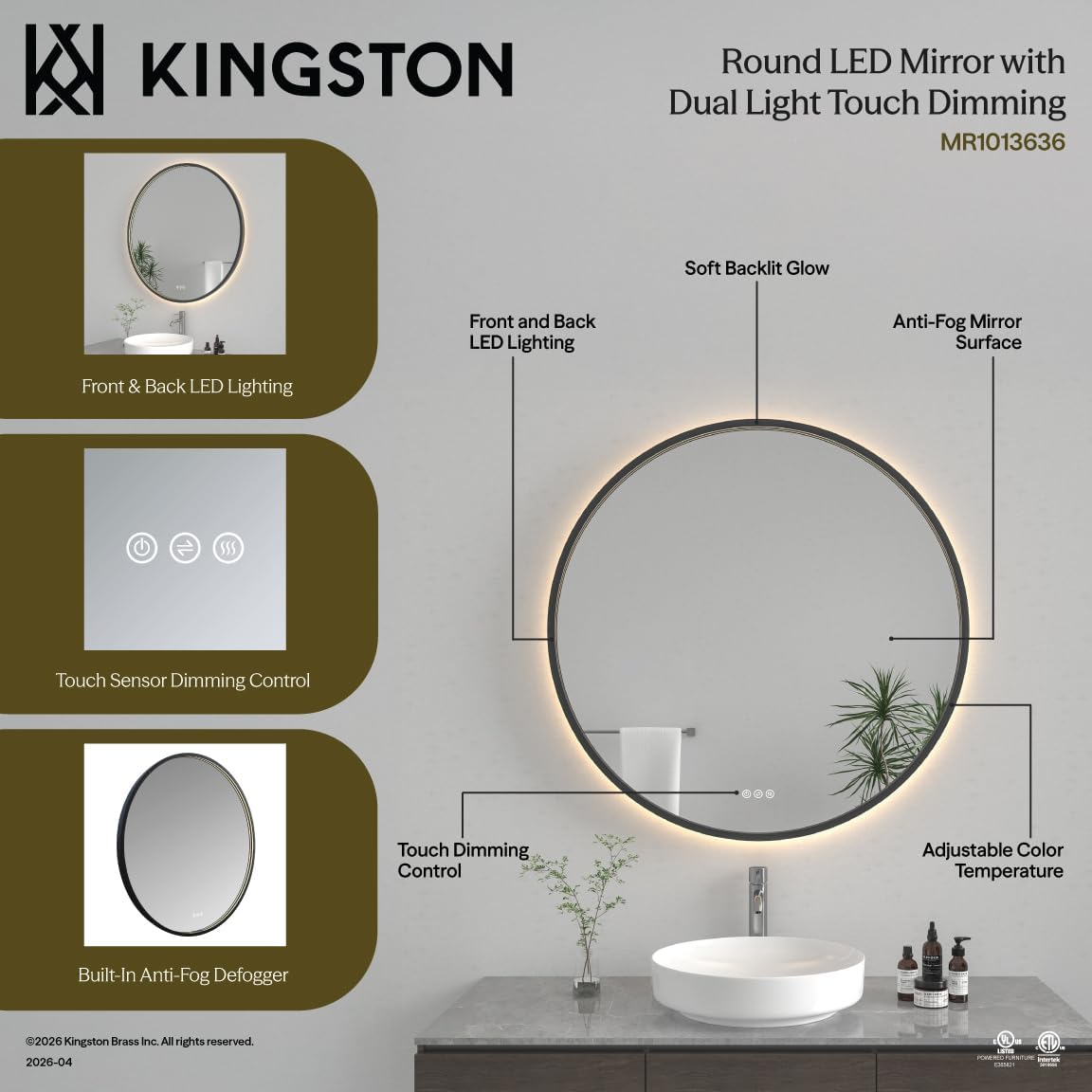 Kingston Brass MR1013636 Aurora 36" Round LED Bathroom Mirror, Front and Back Light, Dimmable Touch Sensor Lighted Mirror, Silver/Gunmetal