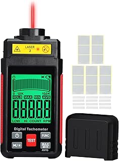 Digital RPM Tachometer 10-99999 RPM High Accuracy Laser Non-Contact RPM Meter with Reflection Tape, LCD Backlight & Max/Min/AVG, Data Hold, RPM & Counting Speed RPM Tester Rotational