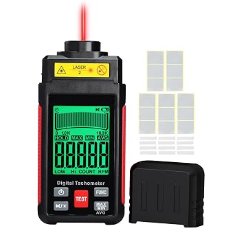 Digital RPM Tachometer 10-99999 RPM High Accuracy Laser Non-Contact RPM Meter with Reflection Tape, LCD Backlight & Max/Min/AVG, Data Hold, RPM & Counting Speed RPM Tester Rotational