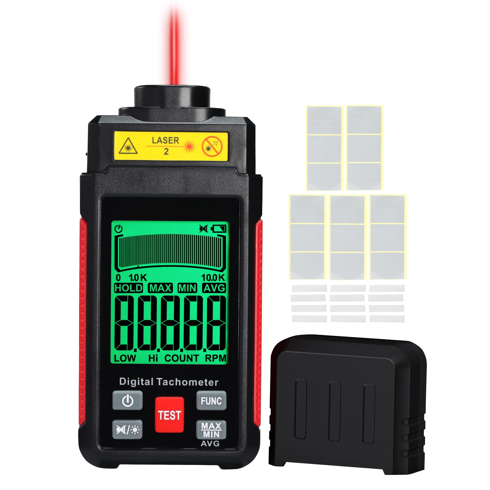 Tachimetro laser contactless RPM 10-99999 giri/min, alta precisione con nastro riflettente, retroilluminazione LCD e max/min/media, funzione di supporto dati, sensore di rotazione per gebra domestica