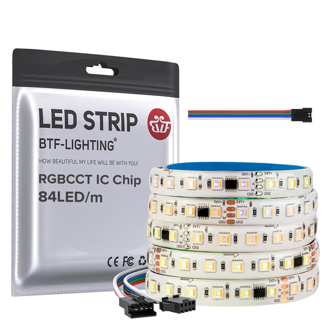 BTF-LIGHTING WS2805 RGBCCT IC LED Streifen 5050SMD Adressierbar Dual Signal LED Band 5M 84LEDs/M DC24V Flexibles Lauflicht Traumfarbe Weiß PCB IP65 für DIY Dekoration(nur Streifen)