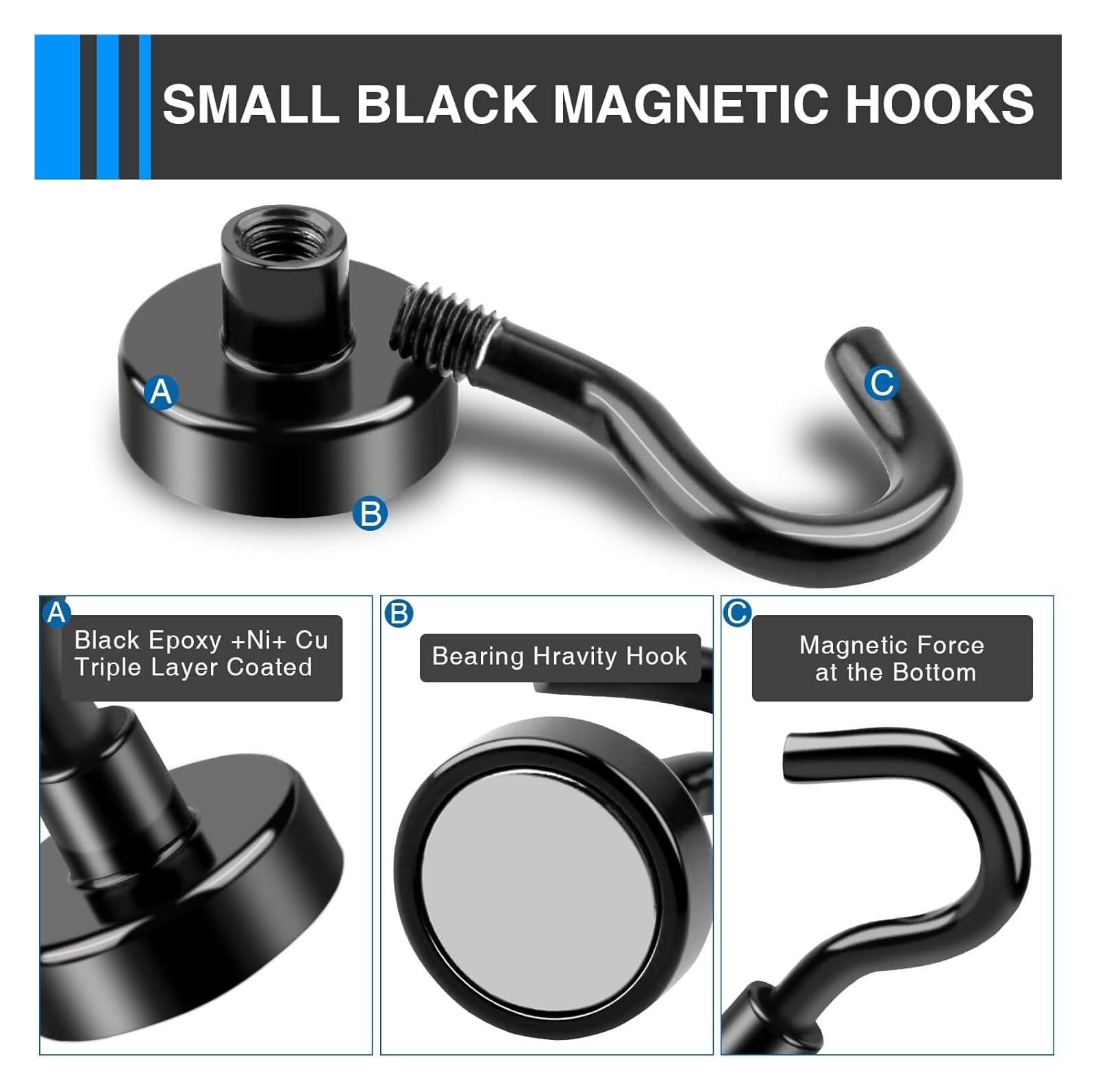 Genérico Ganchos magnéticos resistentes, ideales for colgar en casa, cocina, trabajo y oficina (negros, paquete de 6/12)(Pull Max 36kg,6Pcs)