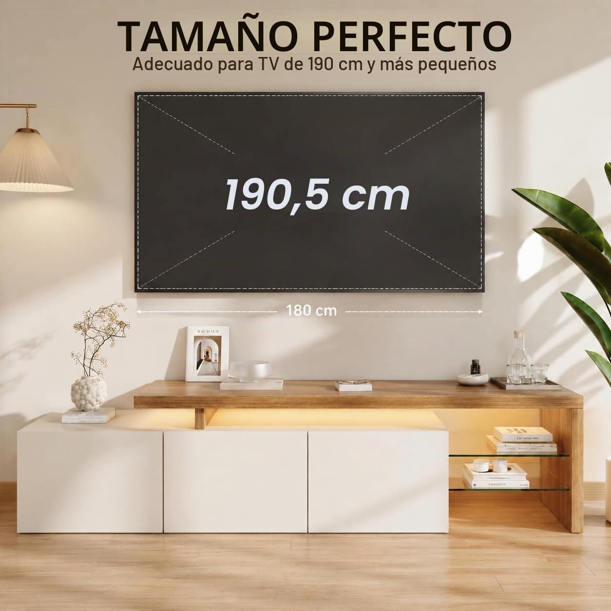 Mueble bajo para TV con Espacio de Almacenamiento, Mesa de televisión con 3 Puertas y Estante de Cristal, Banco de TV para televisores de hasta 85 Pulgadas, aparador para salón, Color Blanco