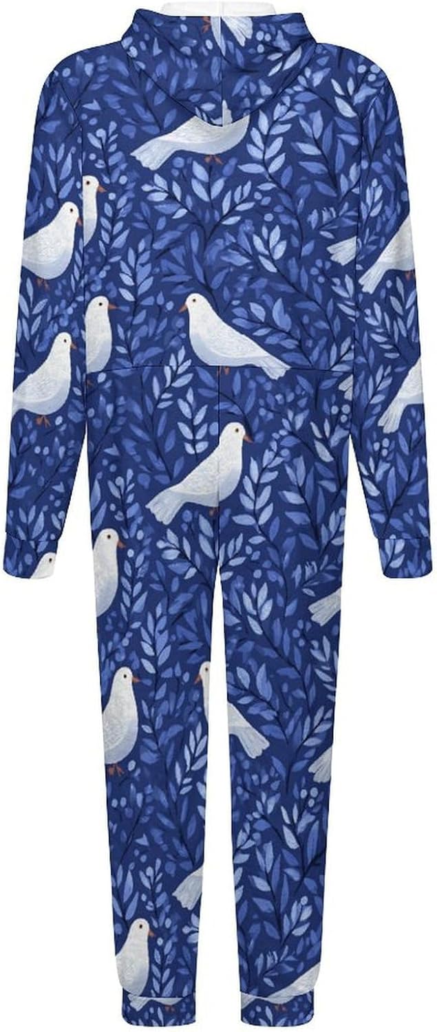 Adult Flannel Hoodie One Pieces Pjs Sets White Dove One-Piece Pajama for Women & Men Soft Warm