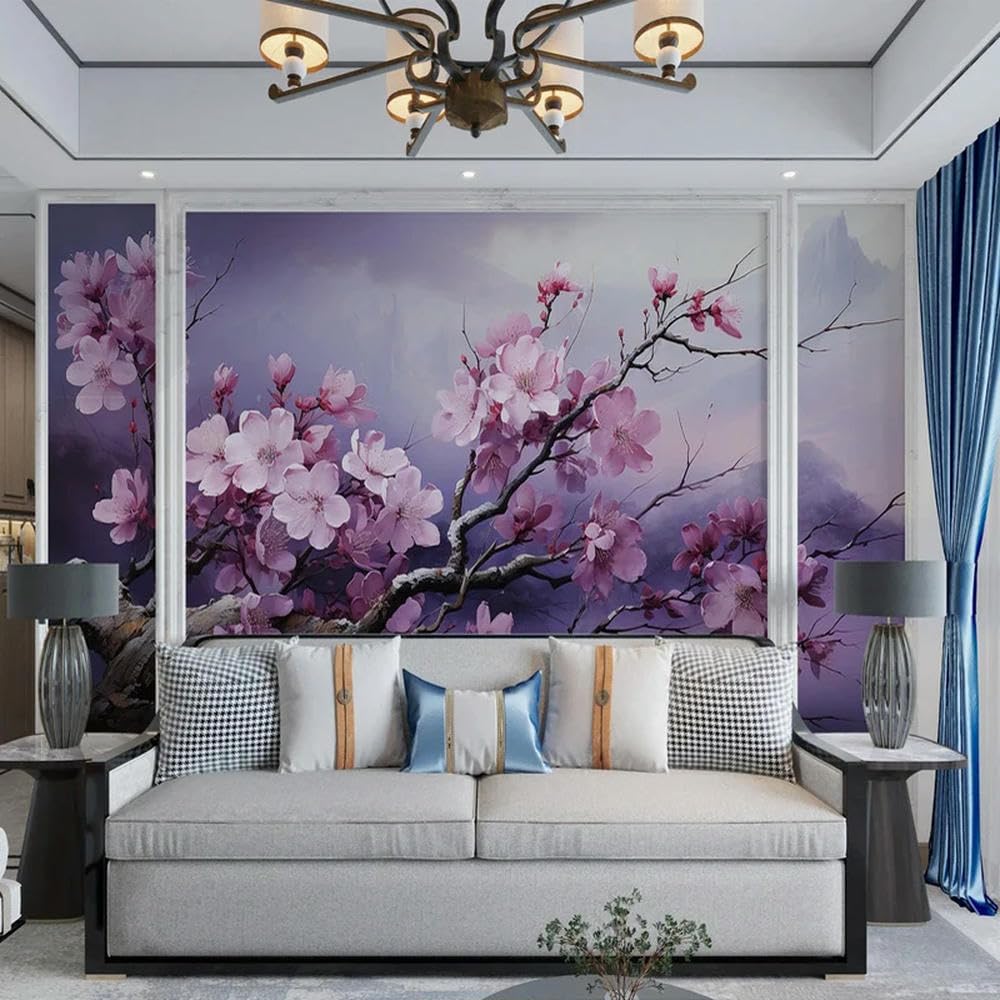 Papier peint 3D fleurs de pêcher rose violet ZEZILE grand format pour salon et chambre