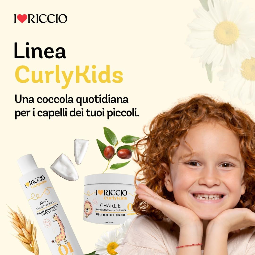 I Love Riccio Kit Curly Kids Per Capelli Ricci Bambini con Shampoo Idratante 250 ml, Maschera Nutriente 250 ml e Crema Modellante 250 ml, Formula Delicata Antilacrime, con Matite Colorate e Cartoncino