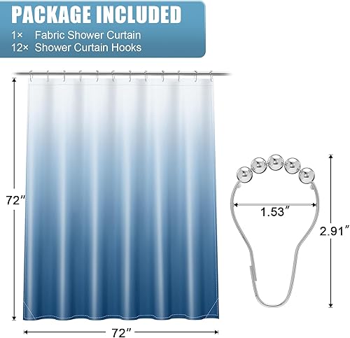 Miniatura 8 de OLANLY Juego de cortinas de ducha de lujo azul y blanco degradado con 12 ganchos, cortinas de ducha decorativas impermeables y lavables para baño,