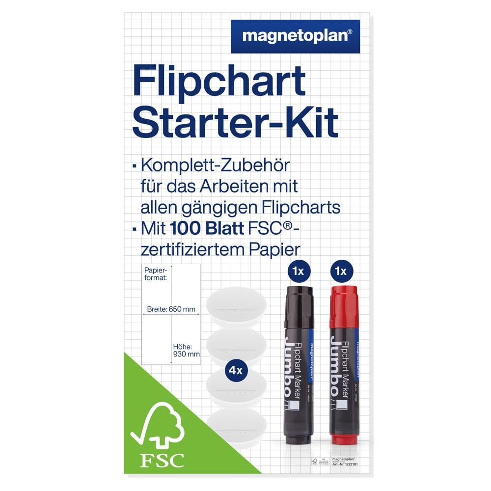 magnetoplan Flipchart Starter-Kit, praktisches Set aus 5 x 20 Blatt Flipchart Papier, 2 Jumbo Markern und 4 Magneten