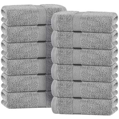 Image of White Classic Light Gray Hand Towels for Bathroom [12 Pack] Cotton Hand Towel Bulk for Gym, Kitchen and Spa, 16x27 Inches Soft Highly Absorbent Quick Dry Terry Salon Towels