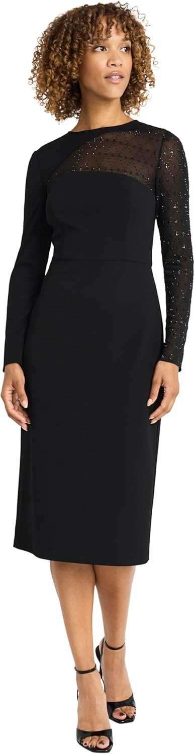 Maggy London Womens Fitted Midi Dress - Sheer Sparkly Long Sleeves - Formal Evening Dress - Image 4