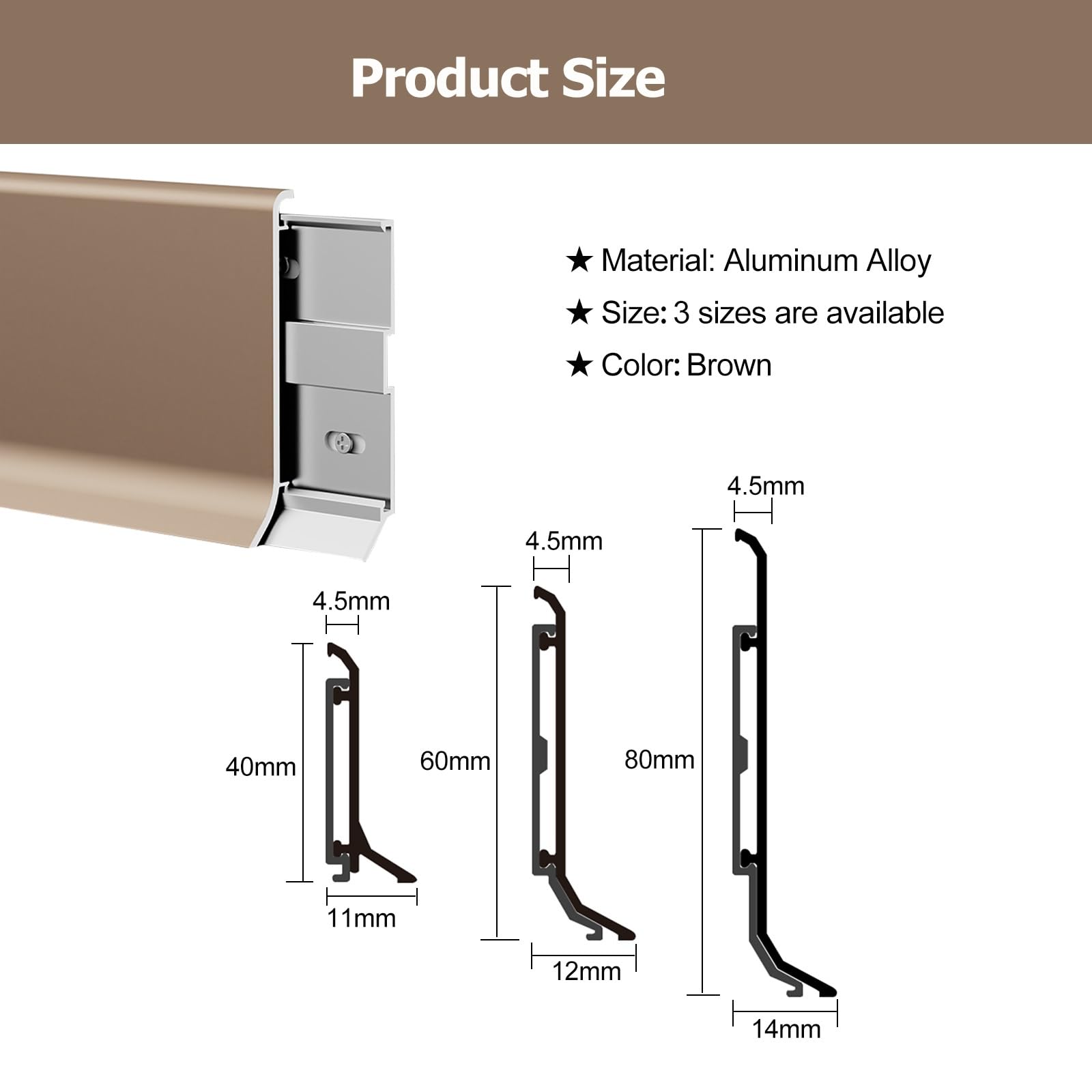 Battiscopa Rivestimento per battiscopa in alluminio marrone, rivestimento per modanatura base pavimento parete per bagno di casa e ufficio, rivestimento per battiscopa impermeabile con punta(3 in(8cm)