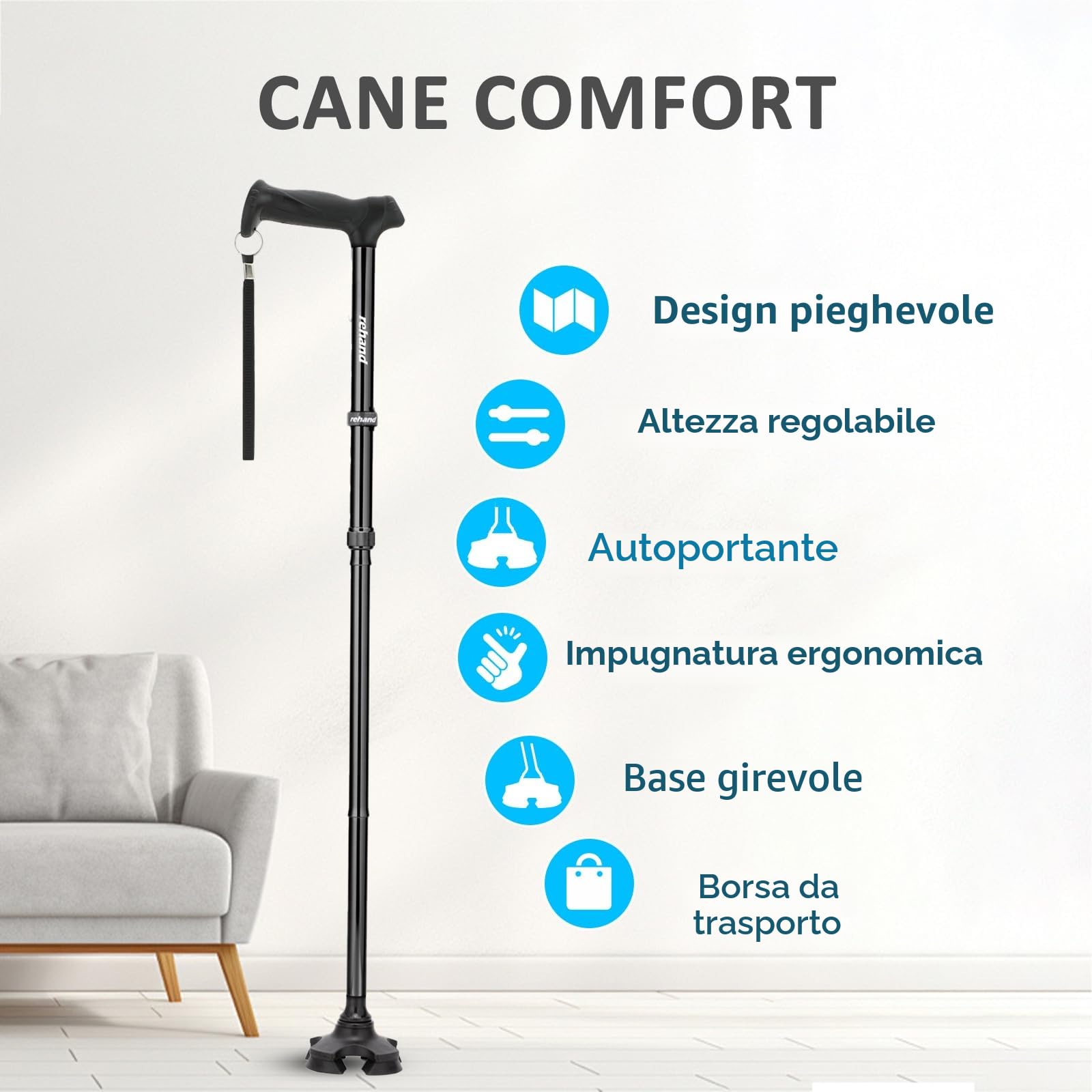 Rehand Bastone da passeggio per uomini e donne, pieghevole, regolabile, leggero, autoportante, con impugnatura morbida, con borsa da viaggio, bastone da passeggio per anziani e adulti