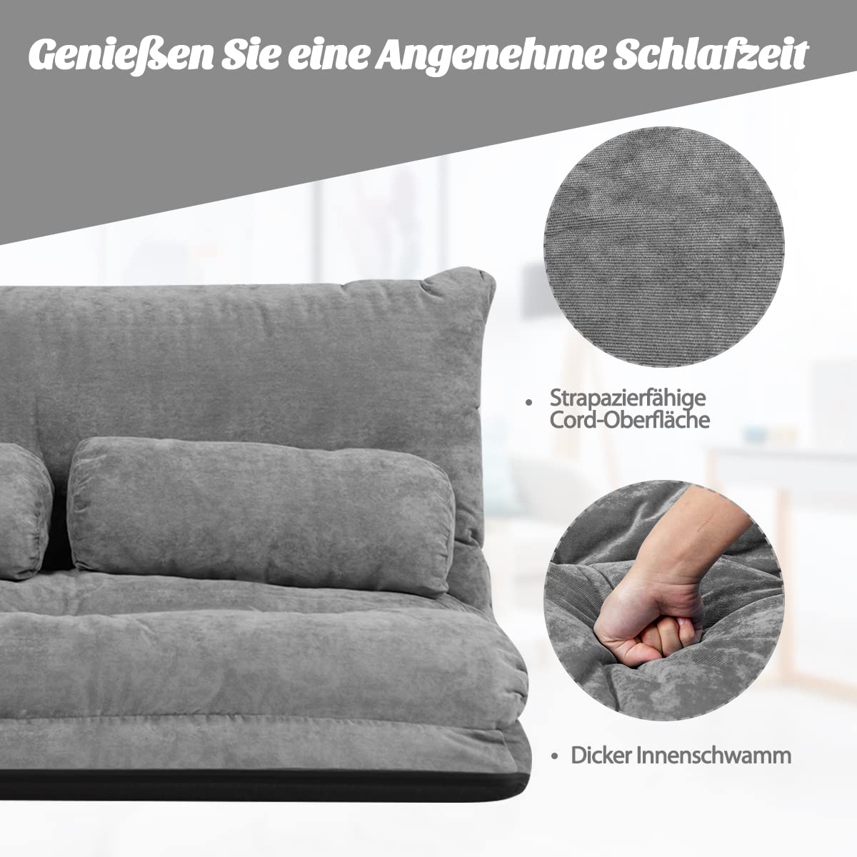 COSTWAY Klappbares Bodensofa, 3 in 1 Schlafsofa mit Schlaffunktion und Verstellbarer Rückenlehne, Sofabett mit 2 Lendenkissen, Klappsofa für Wohnzimmer & Schlafzimmer (Grau)