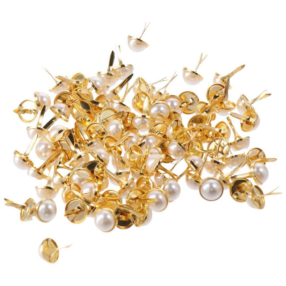 hobbyhub 100Pcs Mini Brads Paper Fasteners,12mm Gold Metal Pearl Brads for DIY Clothing,Crafts Decor