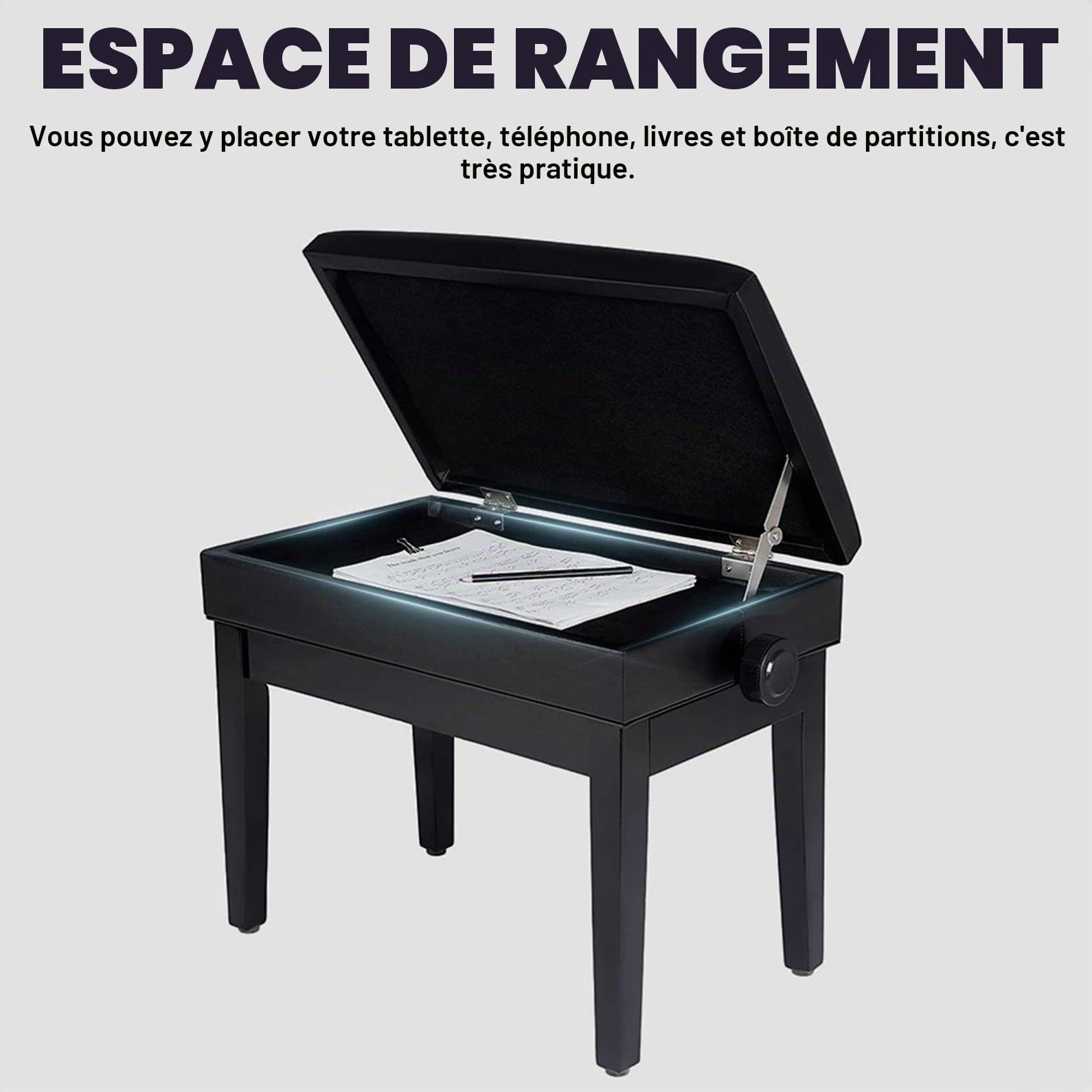 Tabouret de Banc de Piano Bouton en Cuir PU Noir,Tabouret Piano réglable,Banc de Piano en Bois avec Compartiment de Rangement,Tabouret rétro en Bois Massif et Tabouret Clavier Ergonomique