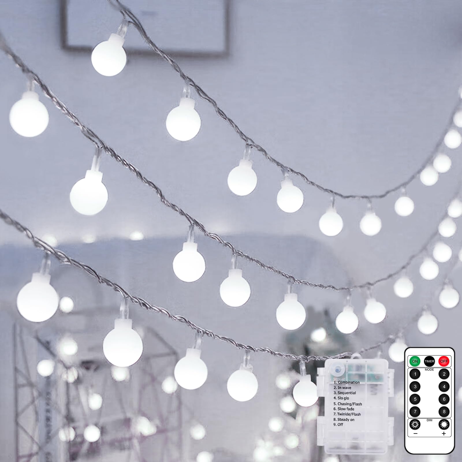 Kolpop Globe Fairy Lights Battery Operated with Remote & Timer, 10.3M 80LED 8 Modes String Lights Waterproof, Cool White Fairy Light for Indoor Outdoor Christmas Bedroom Garden