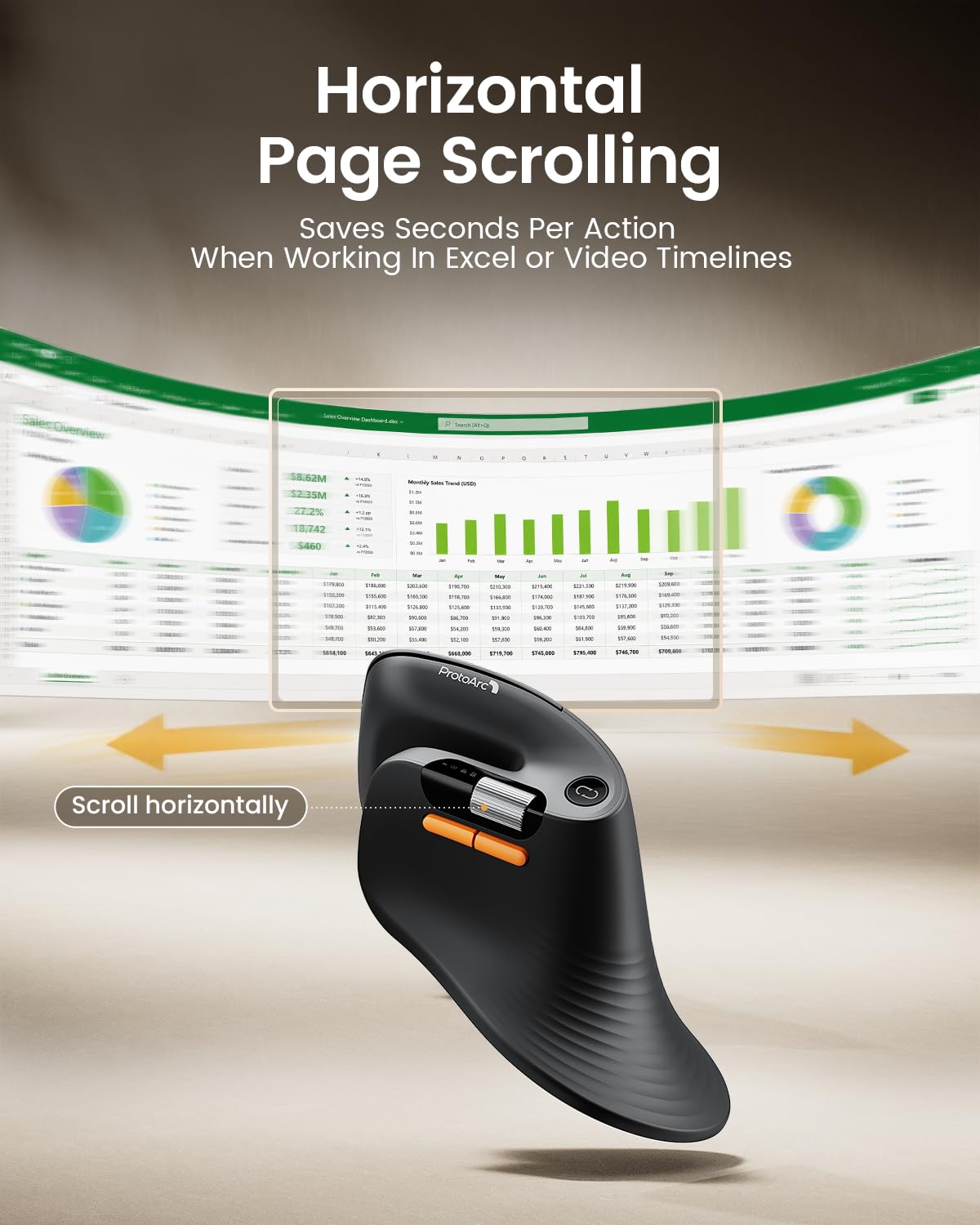 ProtoArc EM11 Pro Mouse Ergonomico con Rotella Scorrimento Laterale, Nero