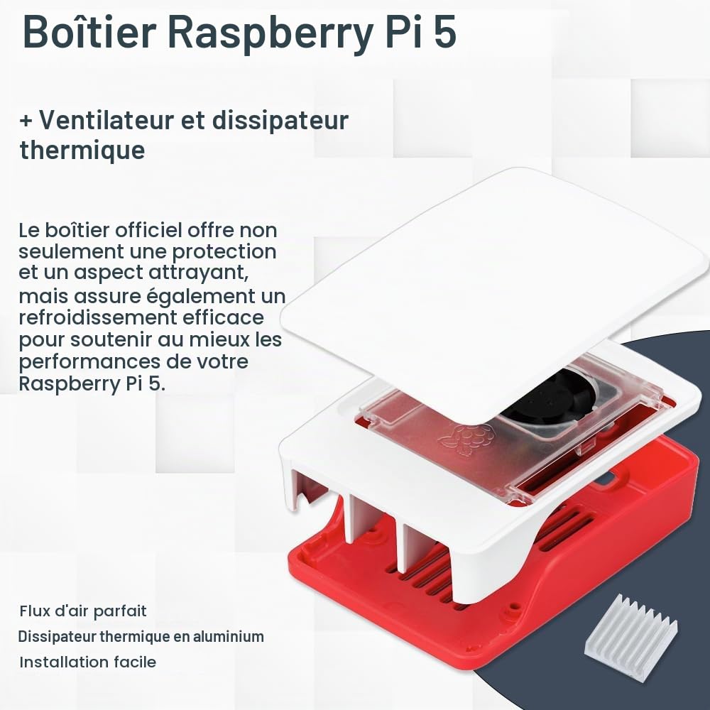 Raspberry Pi 5 Kit de démarrage 4 Go, bloc d'alimentation USB-C 27 W, boîtier avec ventilateur, carte SD 64 Go, câble micro HDMI 4K, rouge et blanc